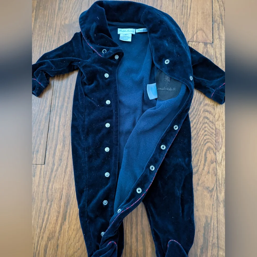 Ralph Lauren Velvet Christmas Footed Onesie 3M blue